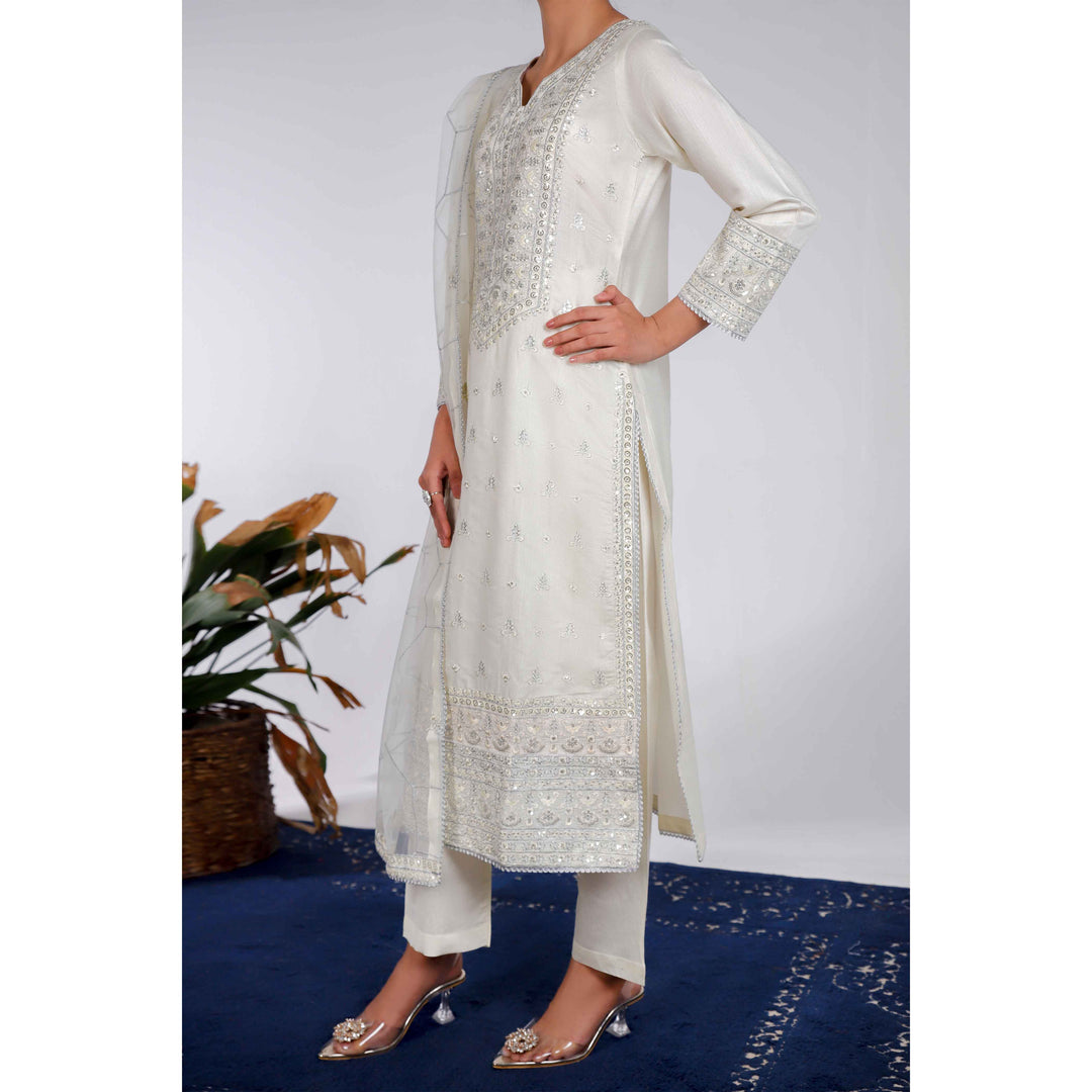 3PC- Embellished Khaddi Net Suit PF4003