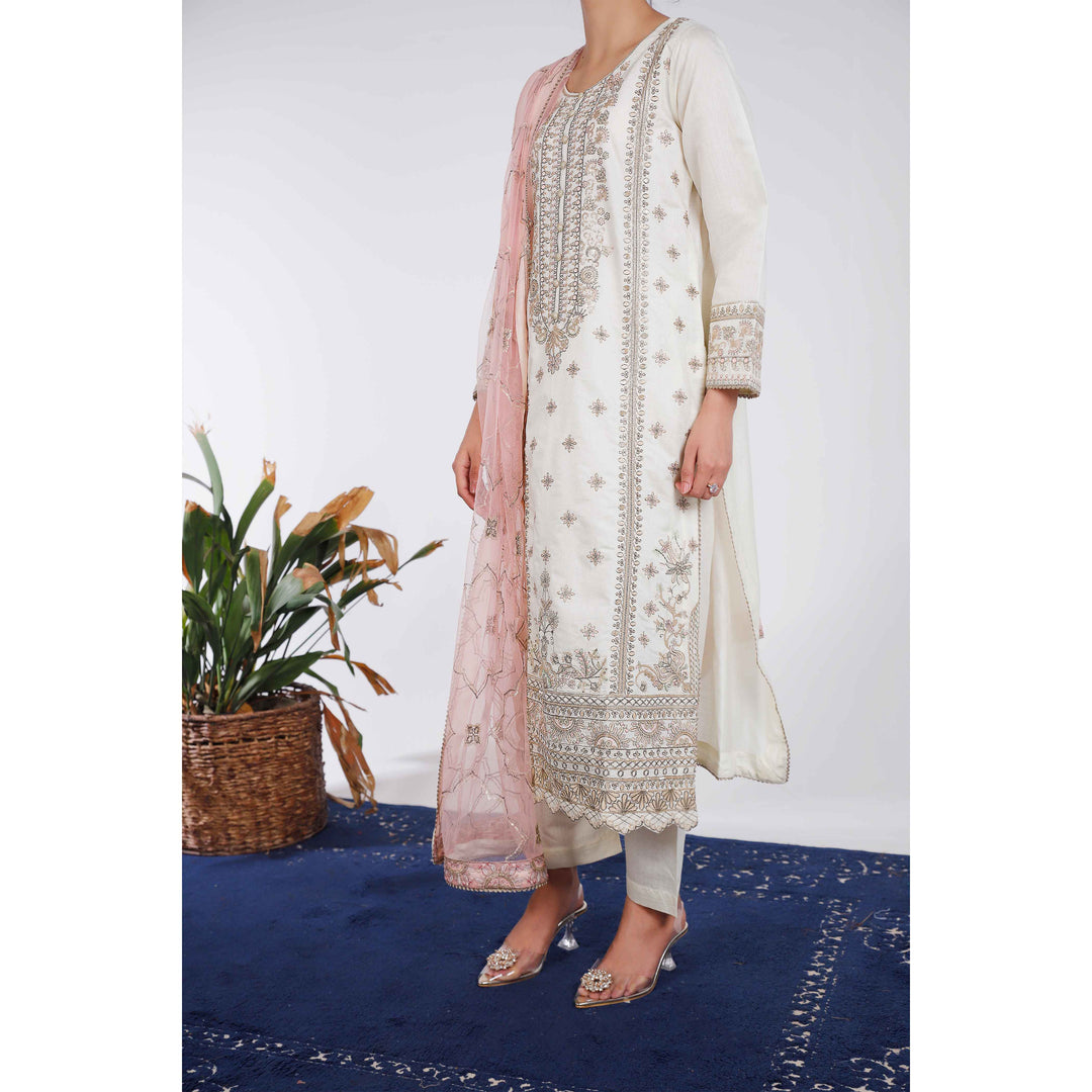 3PC- Embellished Khaddi Net Suit PF4006