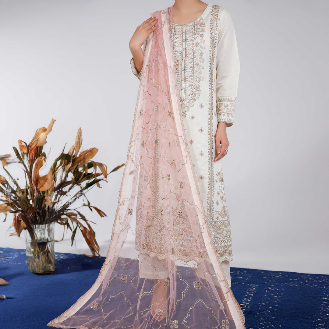 3PC- Embellished Khaddi Net Suit PF4006