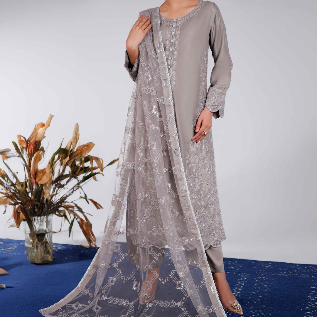 3PC- Embellished Khaddi Net Suit PF4011