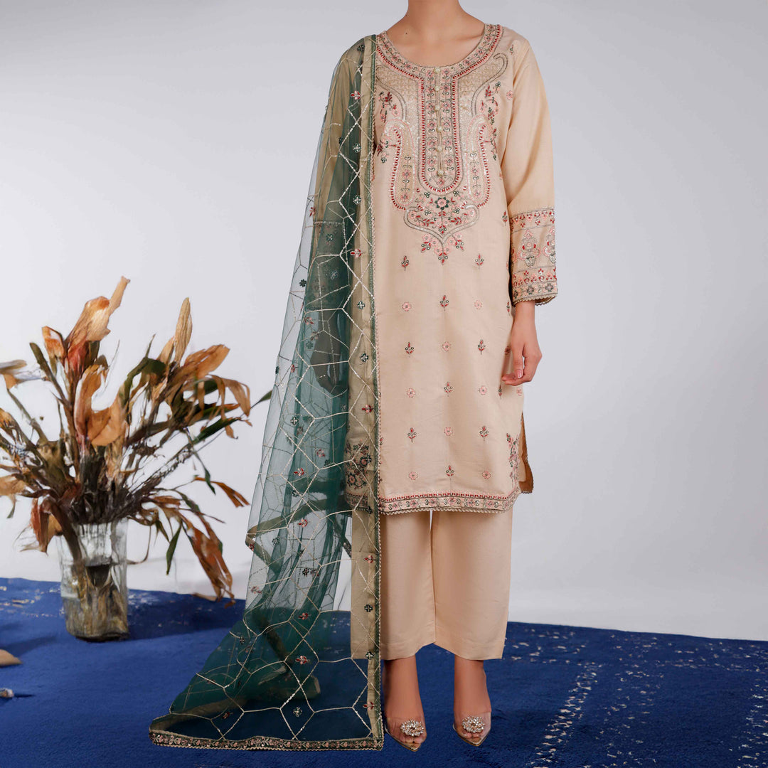 3PC- Embellished Khaddi Net Suit PF4016