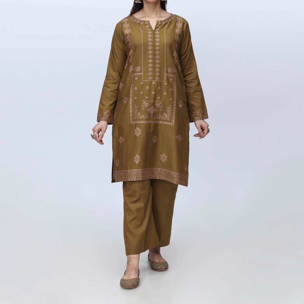 Green 2PC-Embroidered Cambric Suit PS4264