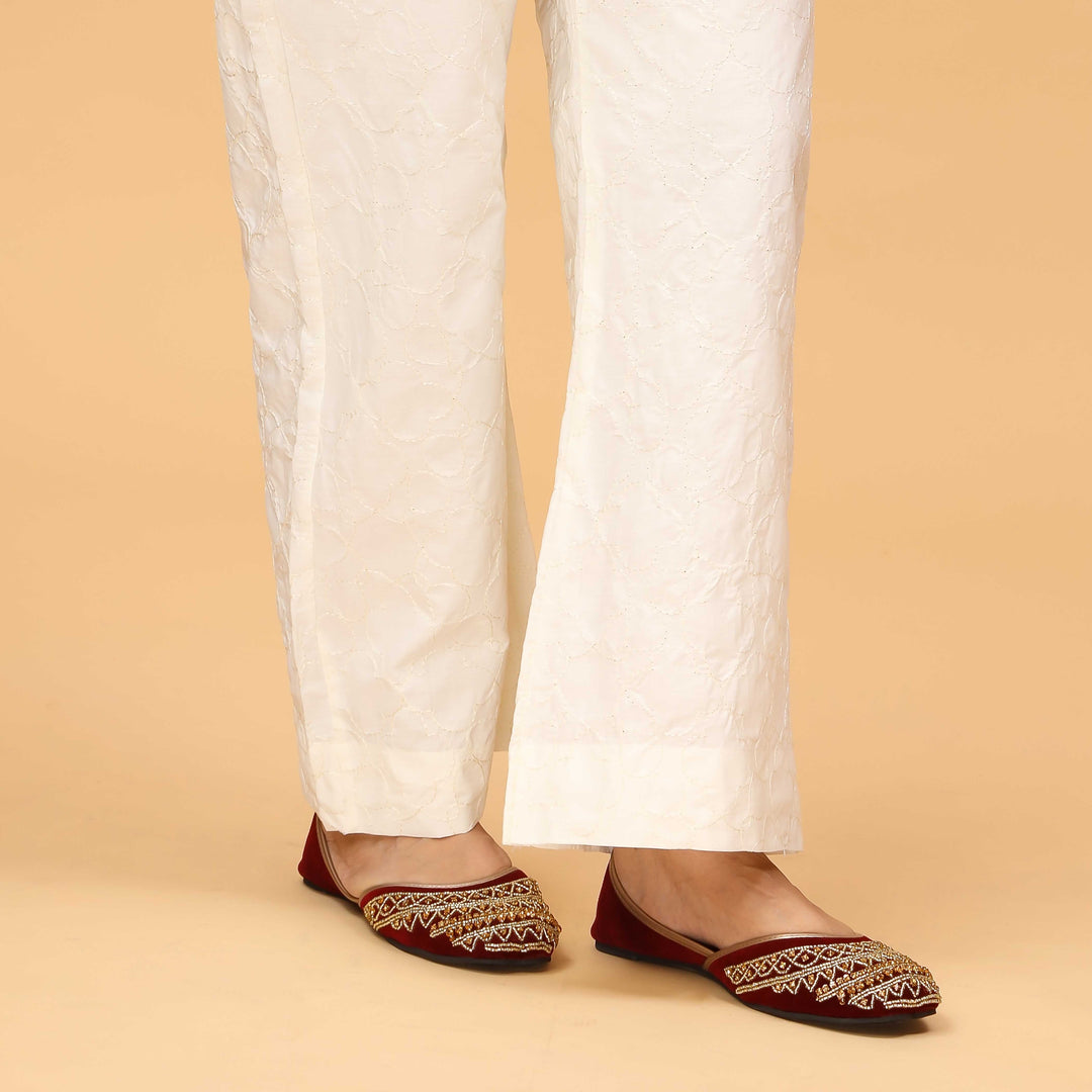 Cream Bell Bottom Embellished Cambric Trouser PS4555