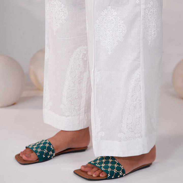 White Screen Printed Cambric Trouser PS4589