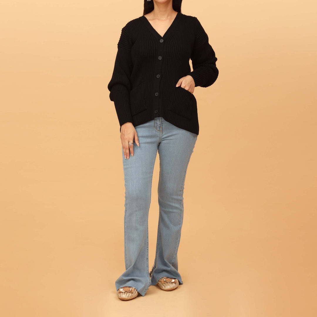 Black Plain Cotton Sweater with Pockets PW4818