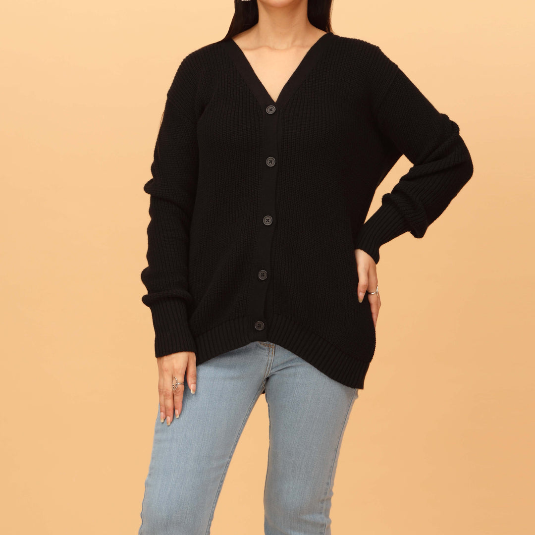 Black Plain Cotton Sweater PW4823