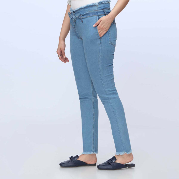 Sky Blue Belted Denim Pant PS1541