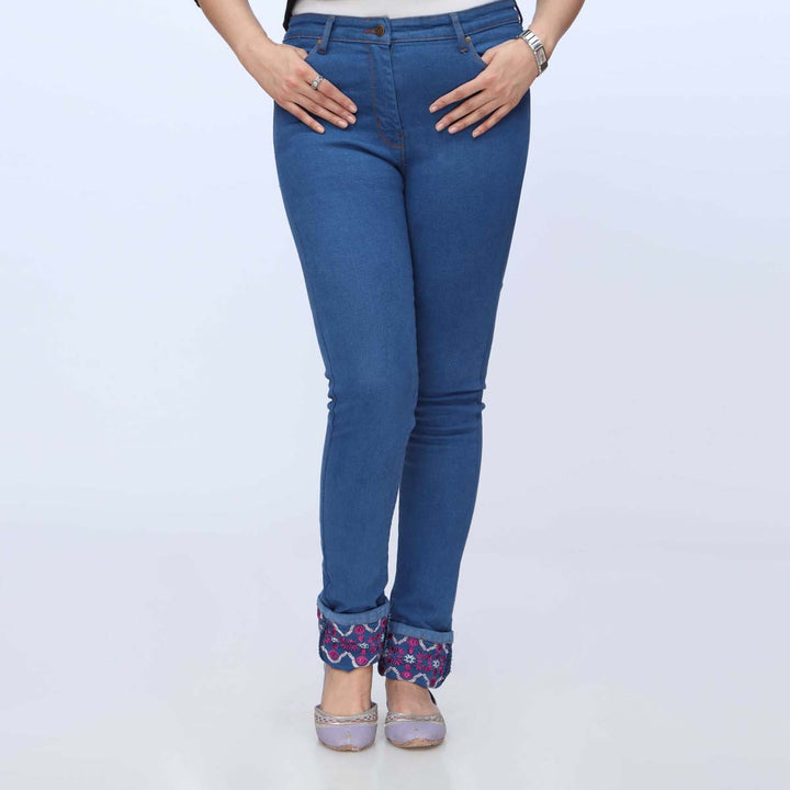 Blue Embroidered Denim Pant PS1543