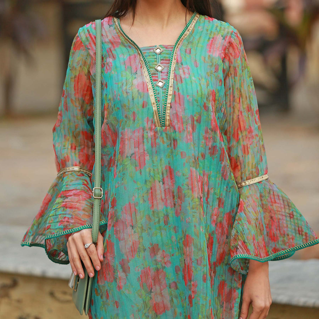 Blue Color Printed Pleted Organza Shirt PS2236