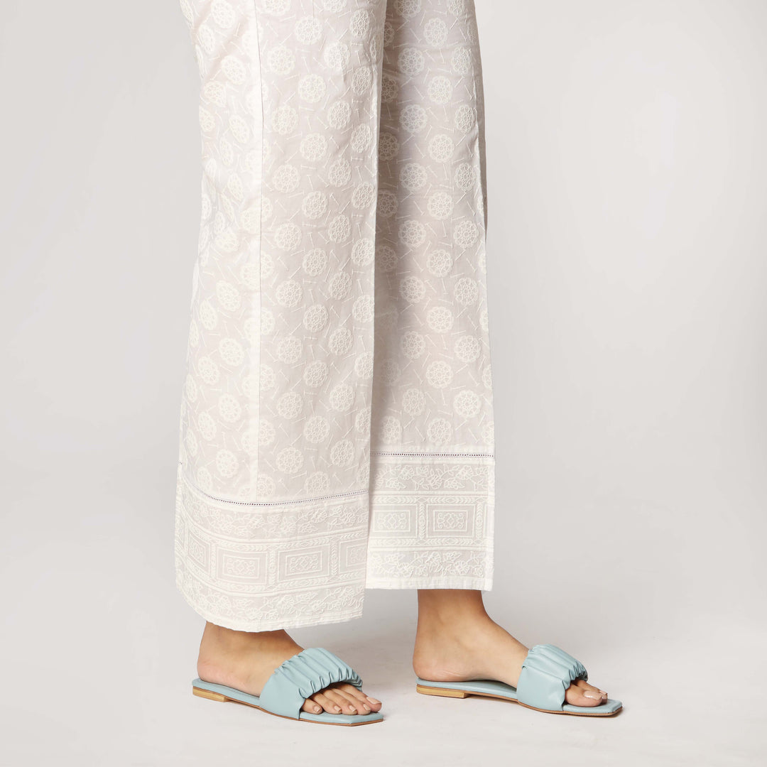 White Cambric Puff Printed Straight Trouser PS3539