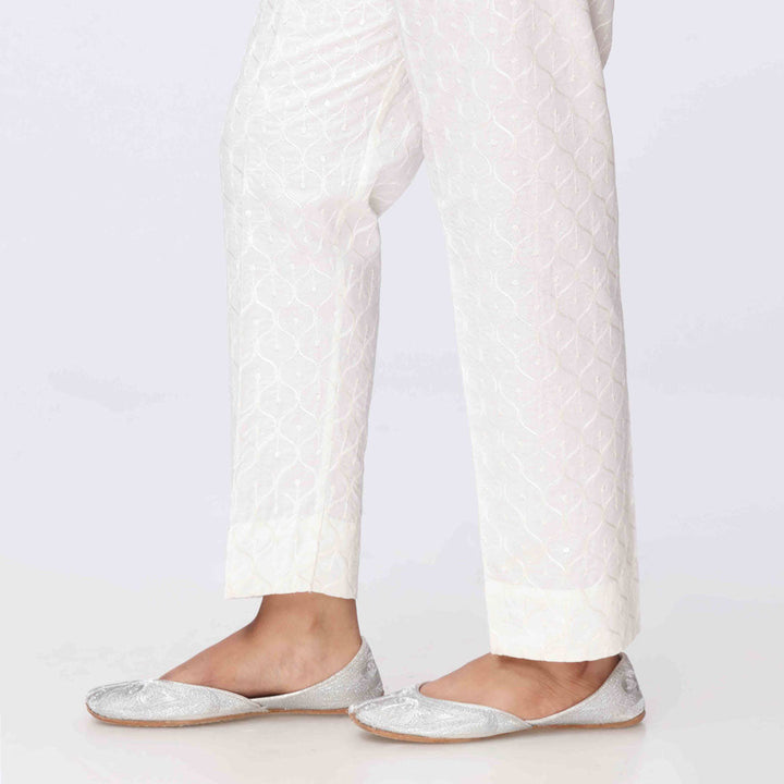 White Embroidered Cambric Slim Fit Trouser PS3565