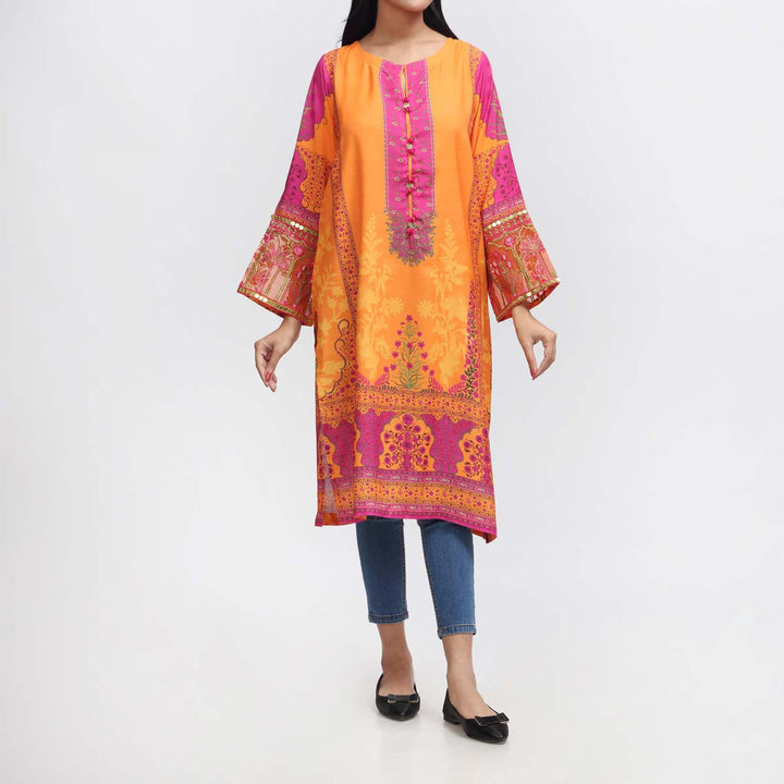 1PC- Embroidered & Printed Raw Silk Shirt PW3059