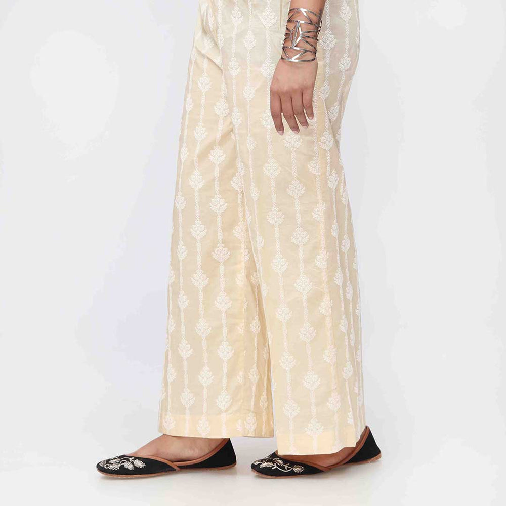 Beige Puff Printed Cambric Straight Trouser PW3592