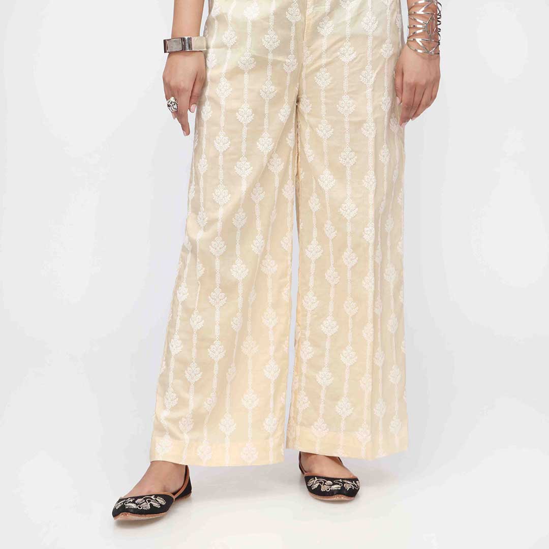 Beige Puff Printed Cambric Straight Trouser PW3592